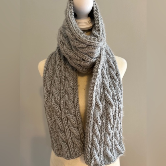 Hand knit scarf in an 3 cable pattern. Soft in a gorgeous gray/blue. 66” x 6” - Picture 1 of 5